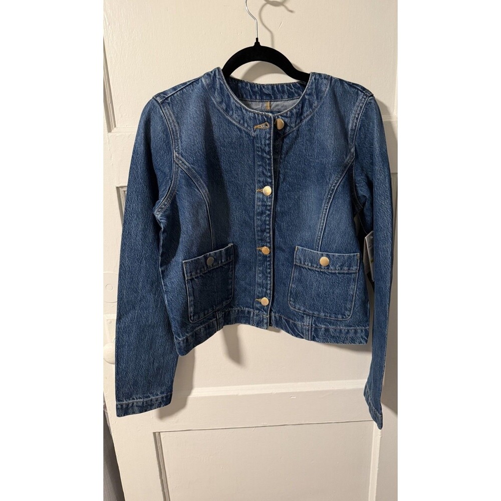 Michael Kors Denim Blue Button Front Jacket Womens M Long Sleeve Short Pockets